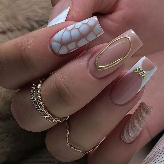 Celestial Elegance Long Square White and Beige Nails with Gold Accents and Unique Marble Design