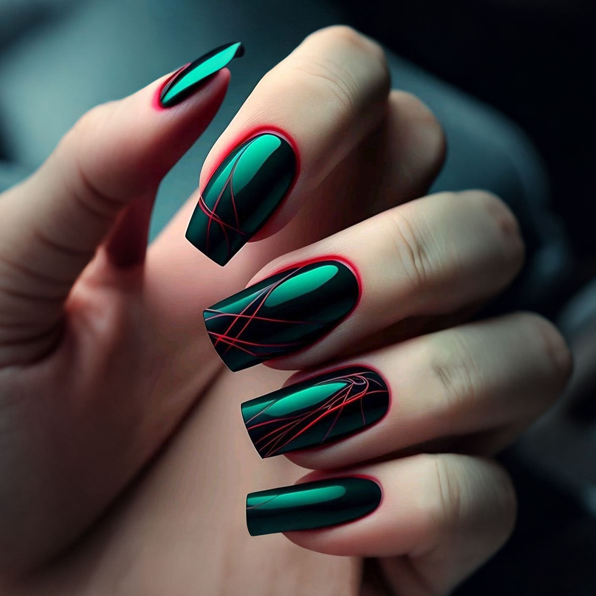 Mystical Glamour Long Square Emerald Green Press On Nail Set with Glossy Finish and Striking Red Accent Lines