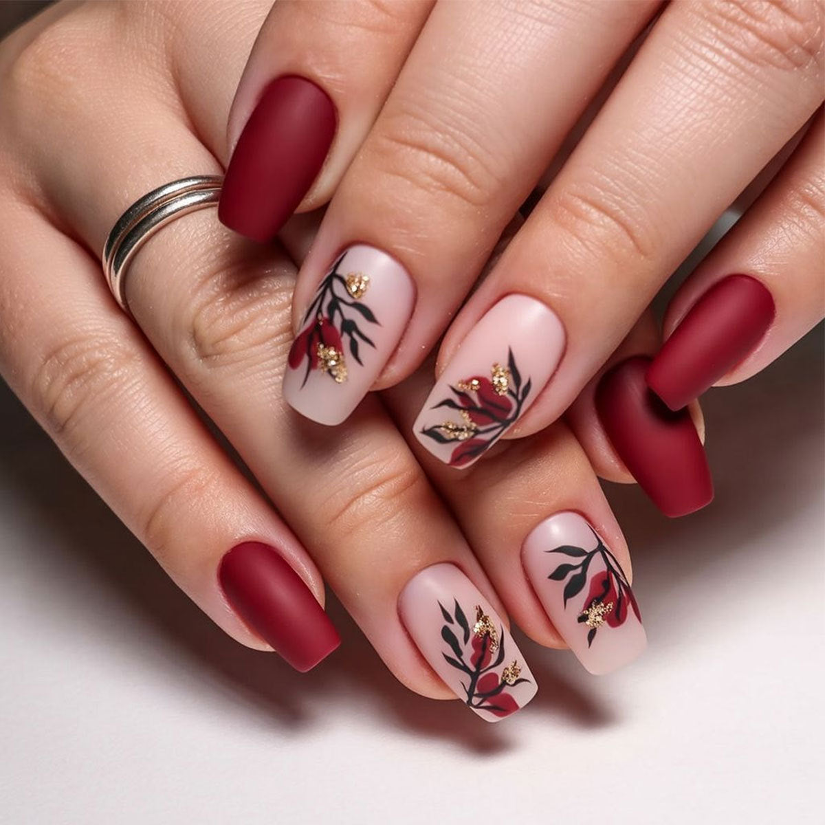 Floral Elegance Medium Square Red Matte Press On Nail Set with Golden Accents