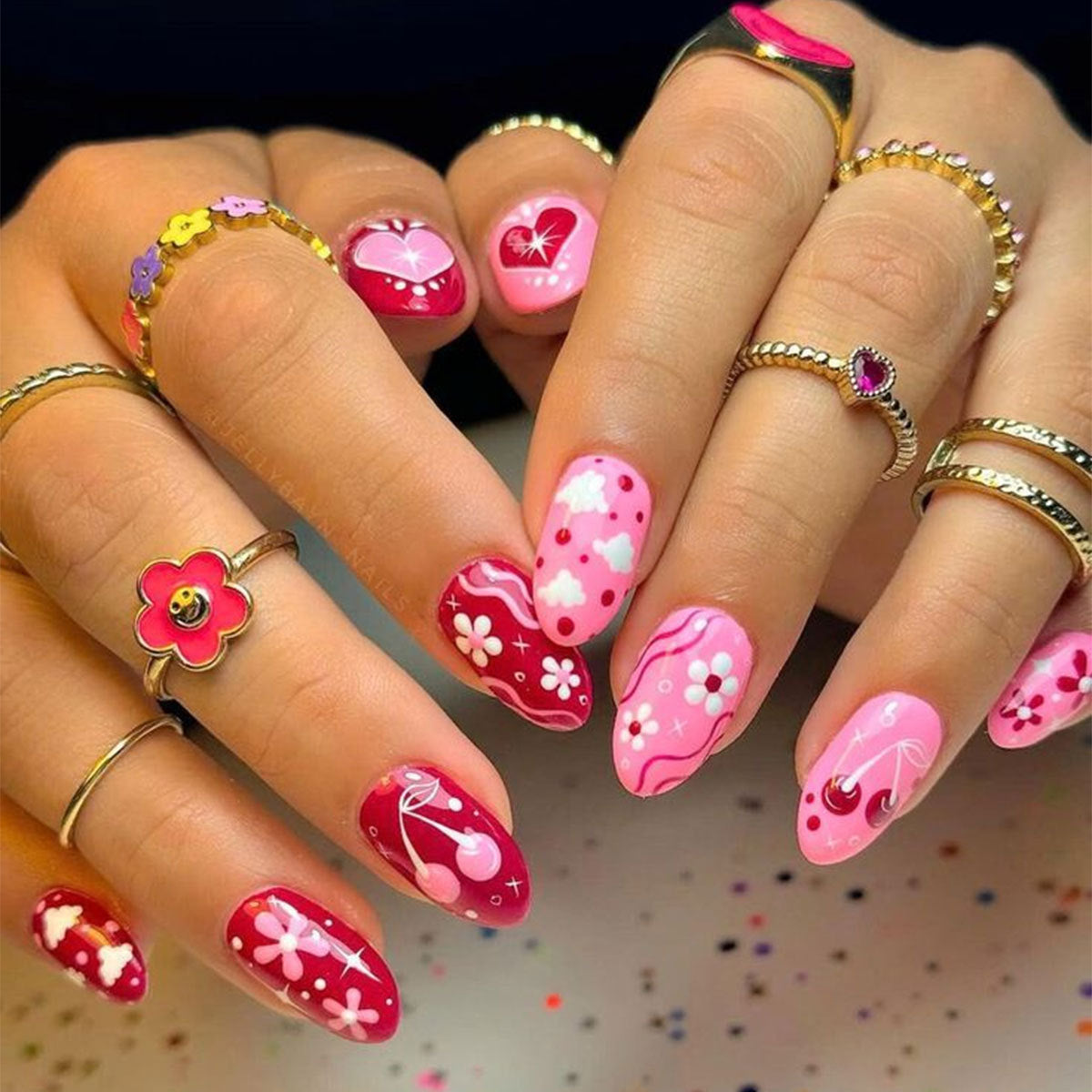 Cherry Blossom Dreamy Medium Oval Pink and Red Floral Press-On Nail Set