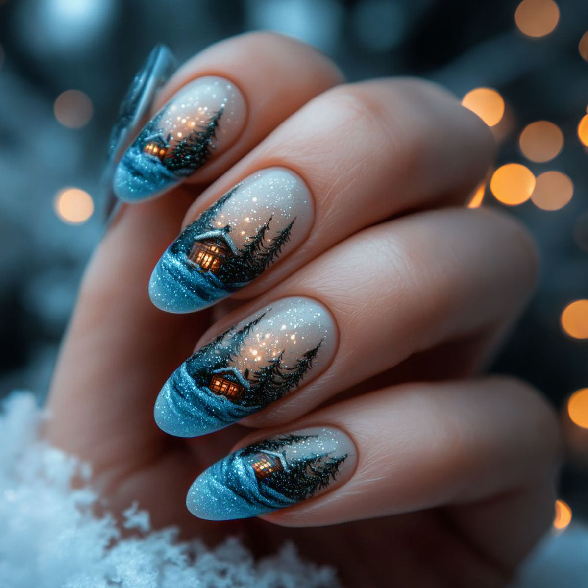 Winter Wonderland Elegant Medium Oval Shaped Blue Ombre Press on Nail Set with Hand-Painted Forest and Cabin Design