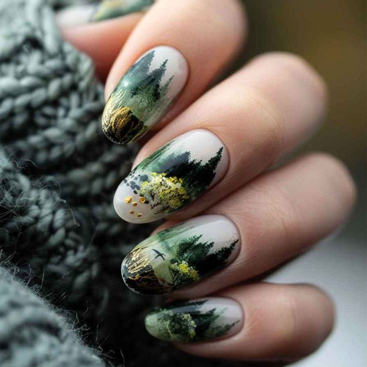 Enchanted Forest Press on Nail Set Medium Oval Green Scenic Design with Glitter Accents
