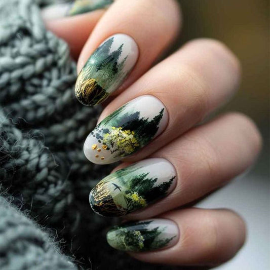 Enchanted Forest Press on Nail Set Medium Oval Green Scenic Design with Glitter Accents