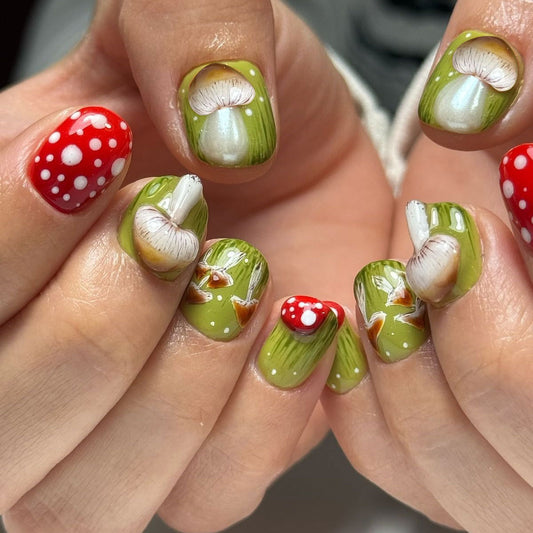 Enchanted Forest Short Square Green with Whimsical Mushroom Design Press On Nail Set