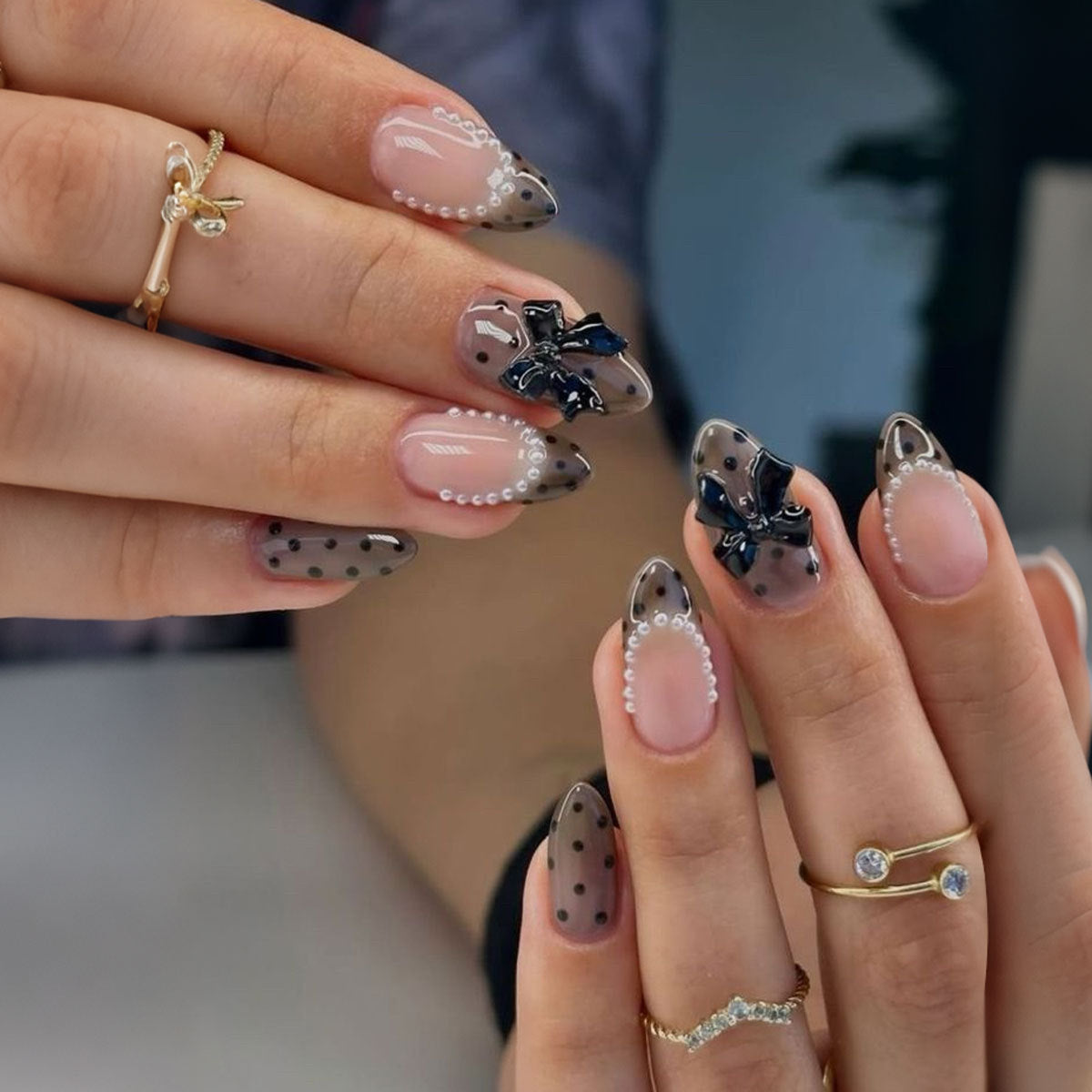 Chic Elegance Medium Almond Shaped Smoky Gray with Dazzling Ribbon Accents Press-On Nail Set