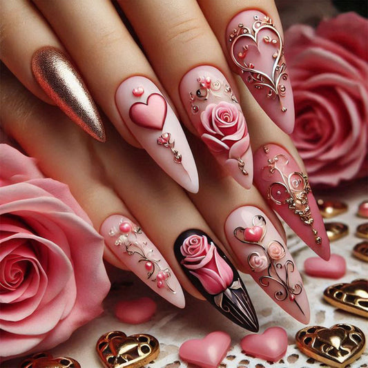Romantic Garden Pink Long Almond Shape Press On Nail Set with Floral Accents
