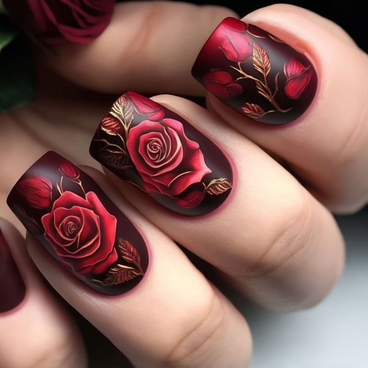 Enchanting Floral Elegance Short Square Shaped Deep Red with Exquisite Rose Design Press-On Nail Set