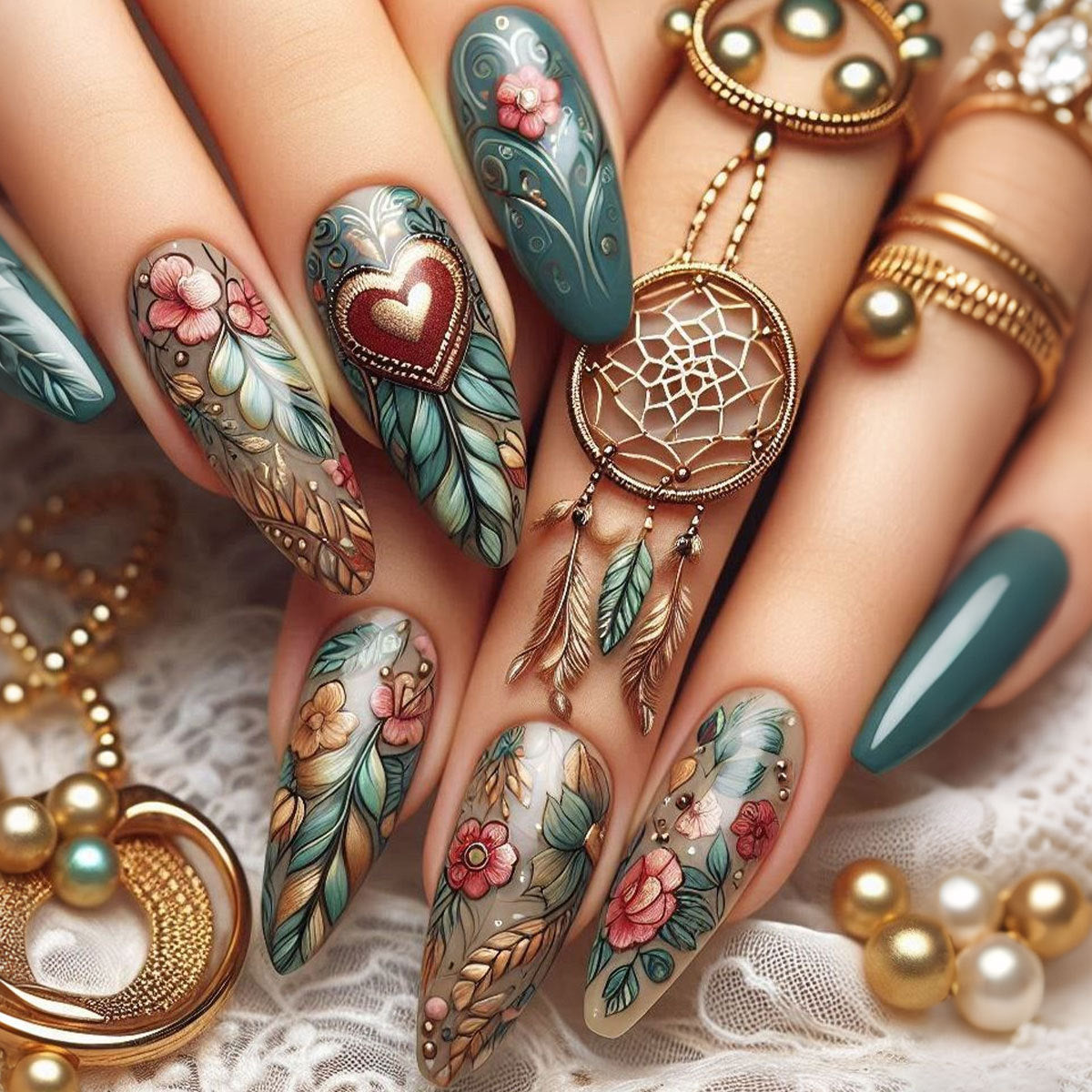 Bohemian Floral Fantasy Long Almond Teal Gradient Press On Nail Set with Intricate Leaf and Flower Design