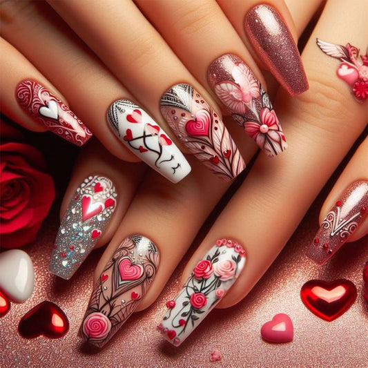 Charming Romance Long Square Pink Glittering Heart Design Press On Nail Set