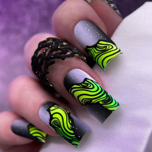 Galactic Night Vision Long Square Neon Green Marble Textured Press On Nail Set