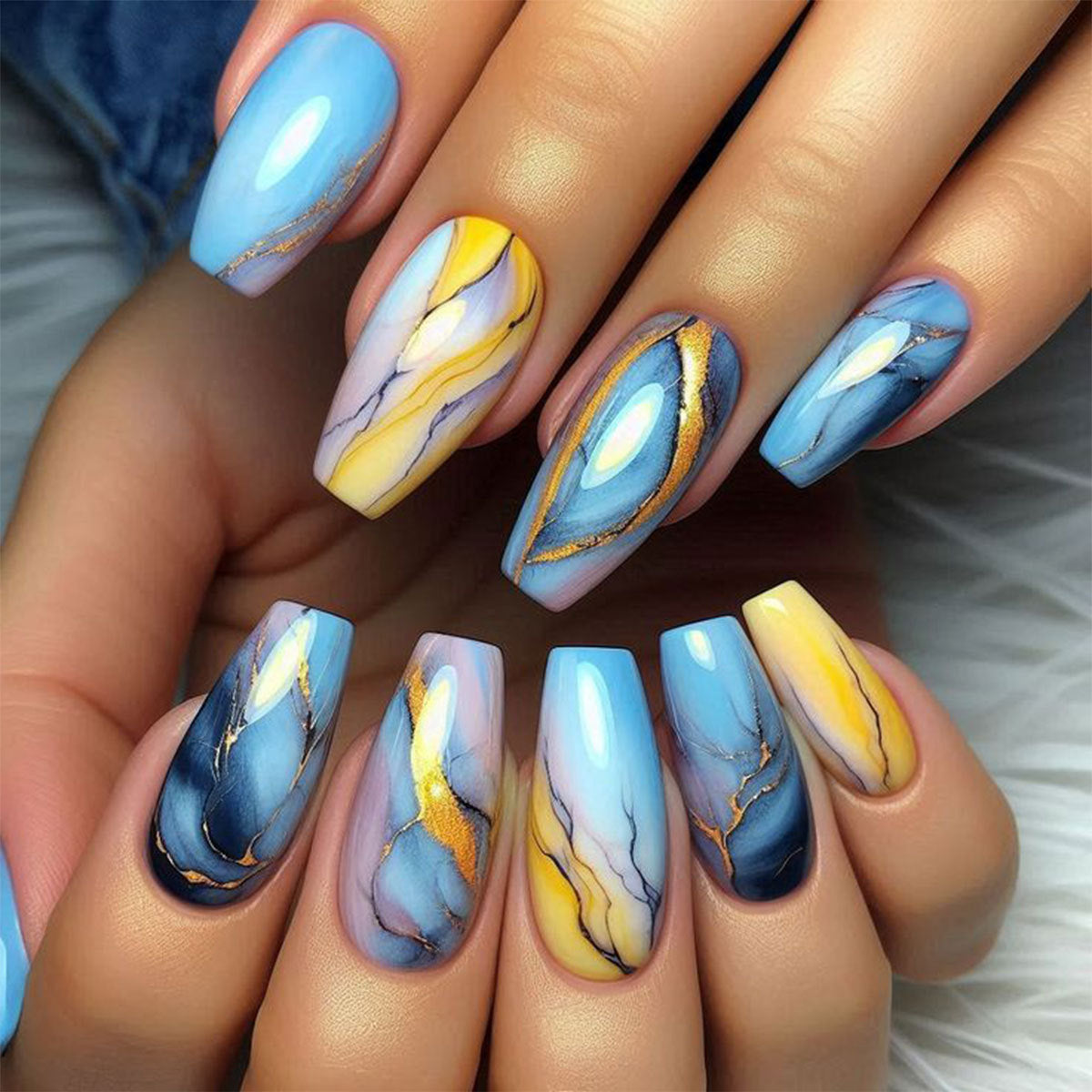 Oceanic Elegance Long Coffin Blue and Yellow Marbled Press On Nail Set with Gold Veining