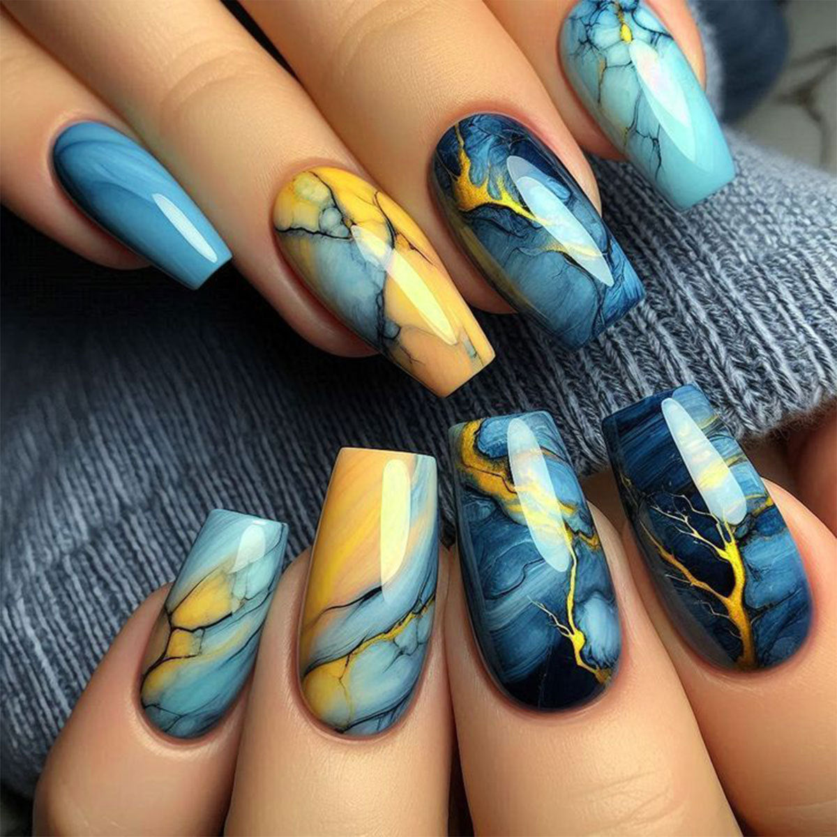 Oceanic Dream Long Coffin Blue and Yellow Marble Effect Press On Nail Set