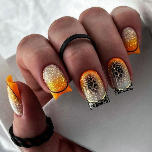 Vibrant Sunset Short Square Orange Sparkling Gradient with Bold Leopard Design Press On Nail Set