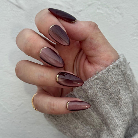 Elegant Charm Long Almond Burgundy Gradient Nails with Gold Tip Accents