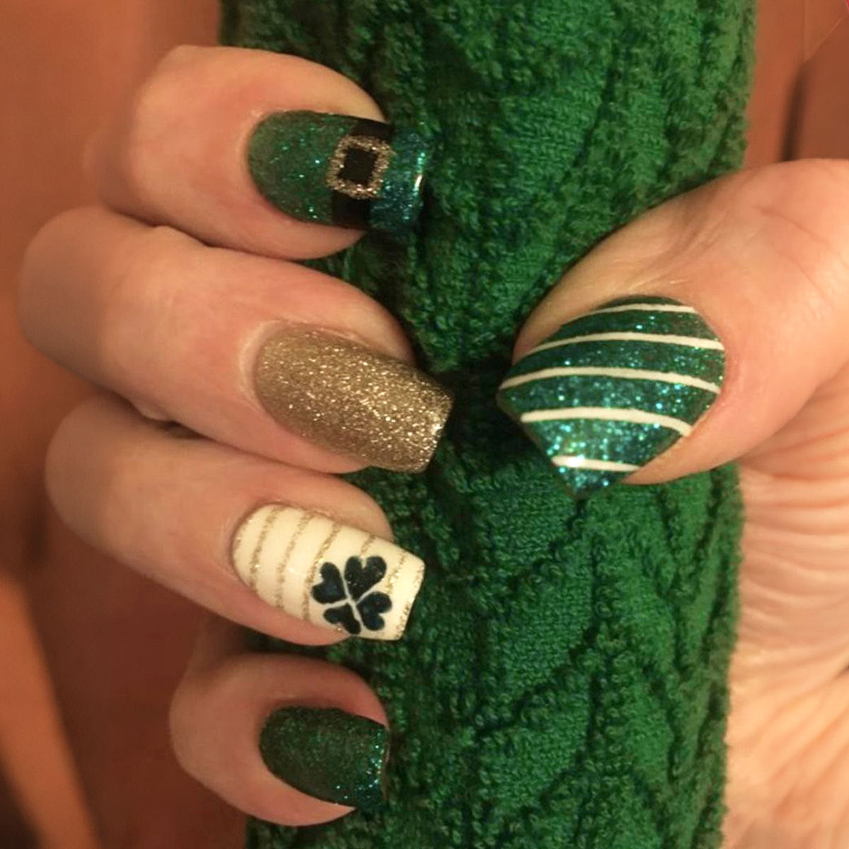 St. Patrick's Day Glamour Medium Square Emerald Green and Gold Glitter Press on Nail Set with Unique Shamrock Design