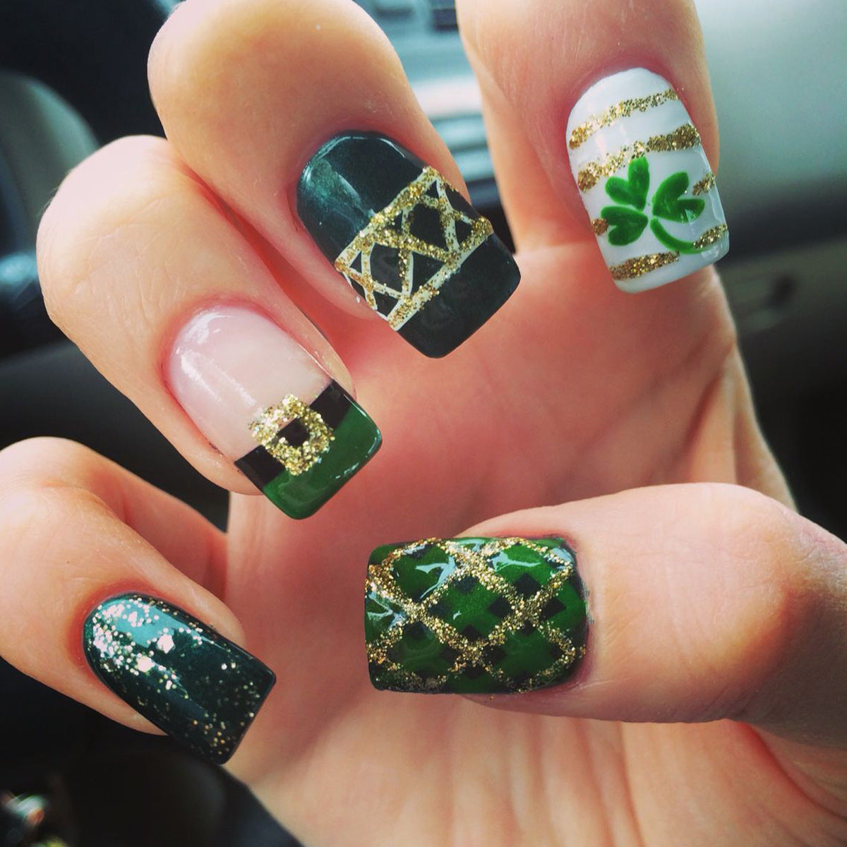 Lucky Charm Medium Square Dark Green with Glittery Gold Accents Press-On Nail Set