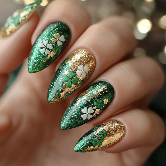 Lucky Charm Emerald Green Medium Press On Nail Set Featuring Sparkling Gold and Floral Accents in Elegant Stiletto Shape