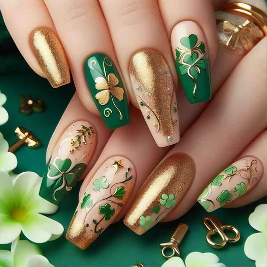 Lucky Charm Emerald Green Long Coffin Press-On Nail Set with Elegant Gold Accents and Shamrock Design