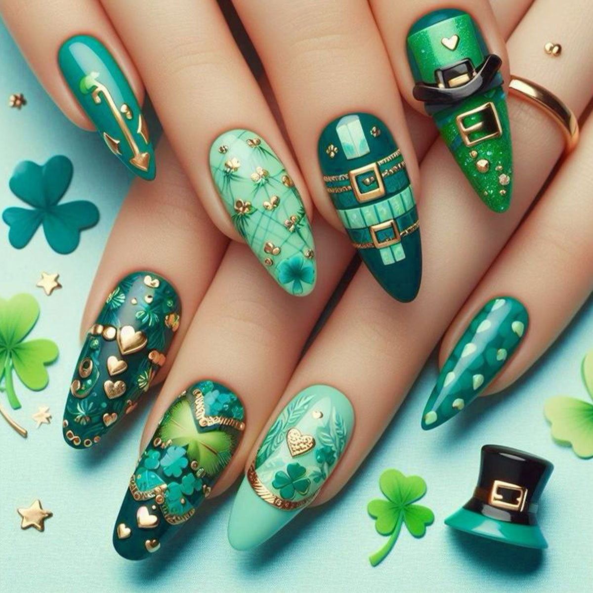 Lucky Charm Long Almond Green Press-On Nail Set with Shamrock and Gold Accents