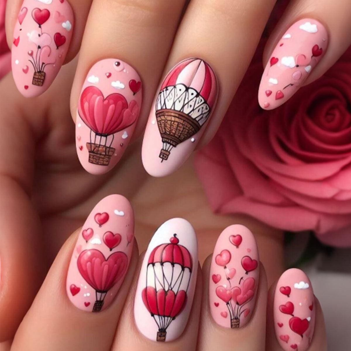 Romantic Sky Adventure Long Almond Pink with Hot Air Balloon and Heart Designs Press On Nail Set