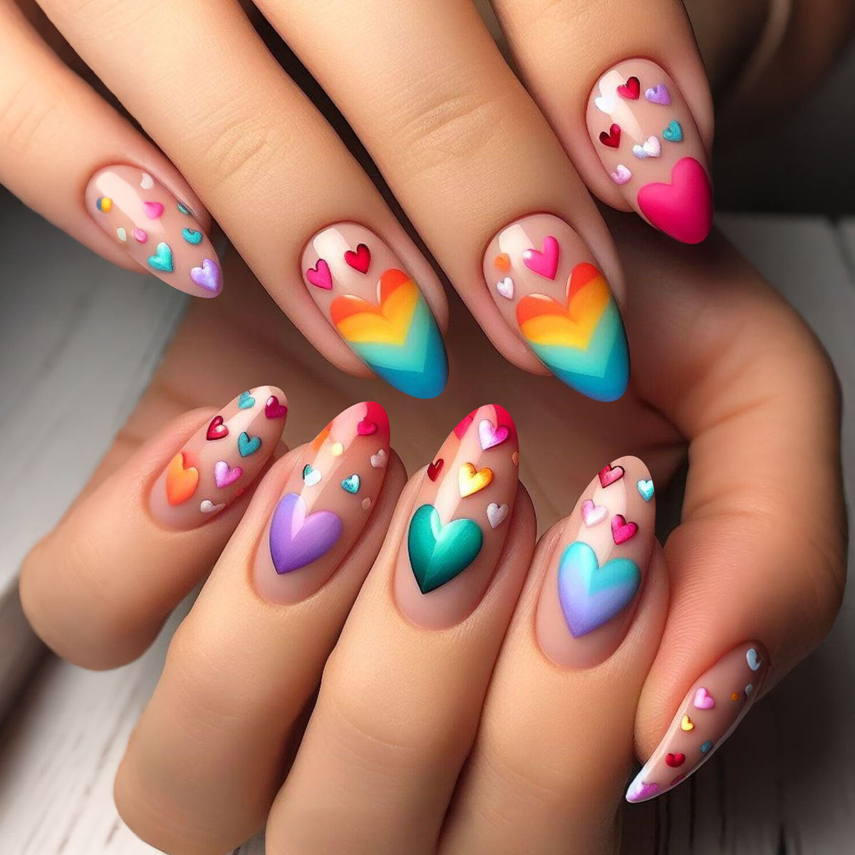 Heartfelt Rainbow Medium Almond Press On Nail Set with Colorful Heart Designs