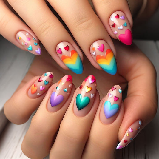Heartfelt Rainbow Medium Almond Press On Nail Set with Colorful Heart Designs