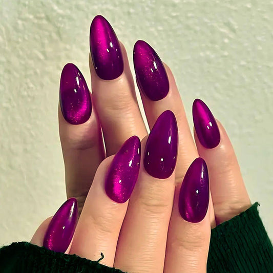 Mystical Elegance Long Almond Purple Glossy Nails with Sparkling Finish