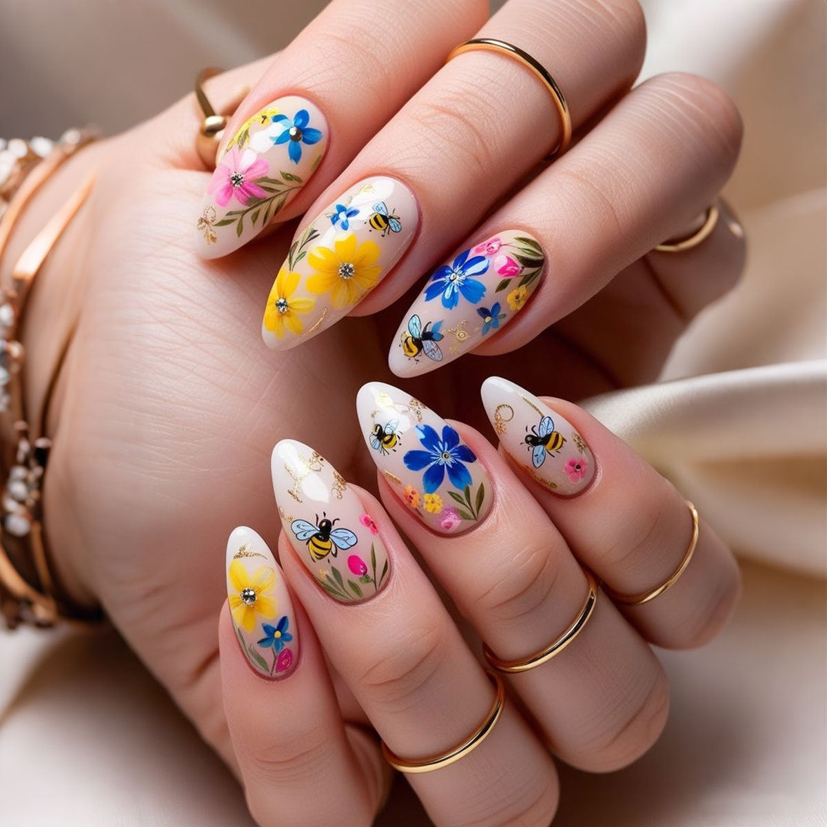 Spring Blossom Medium Almond Colorful Floral Nail Press Set