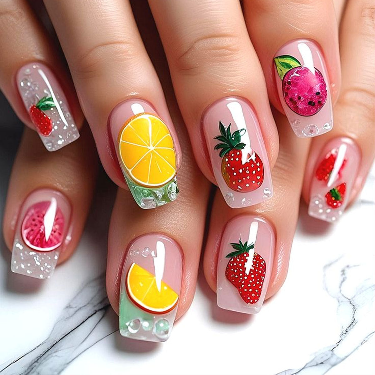Fruit Paradise Short Square Glossy Gel Nail Set with Vibrant Fruit Art