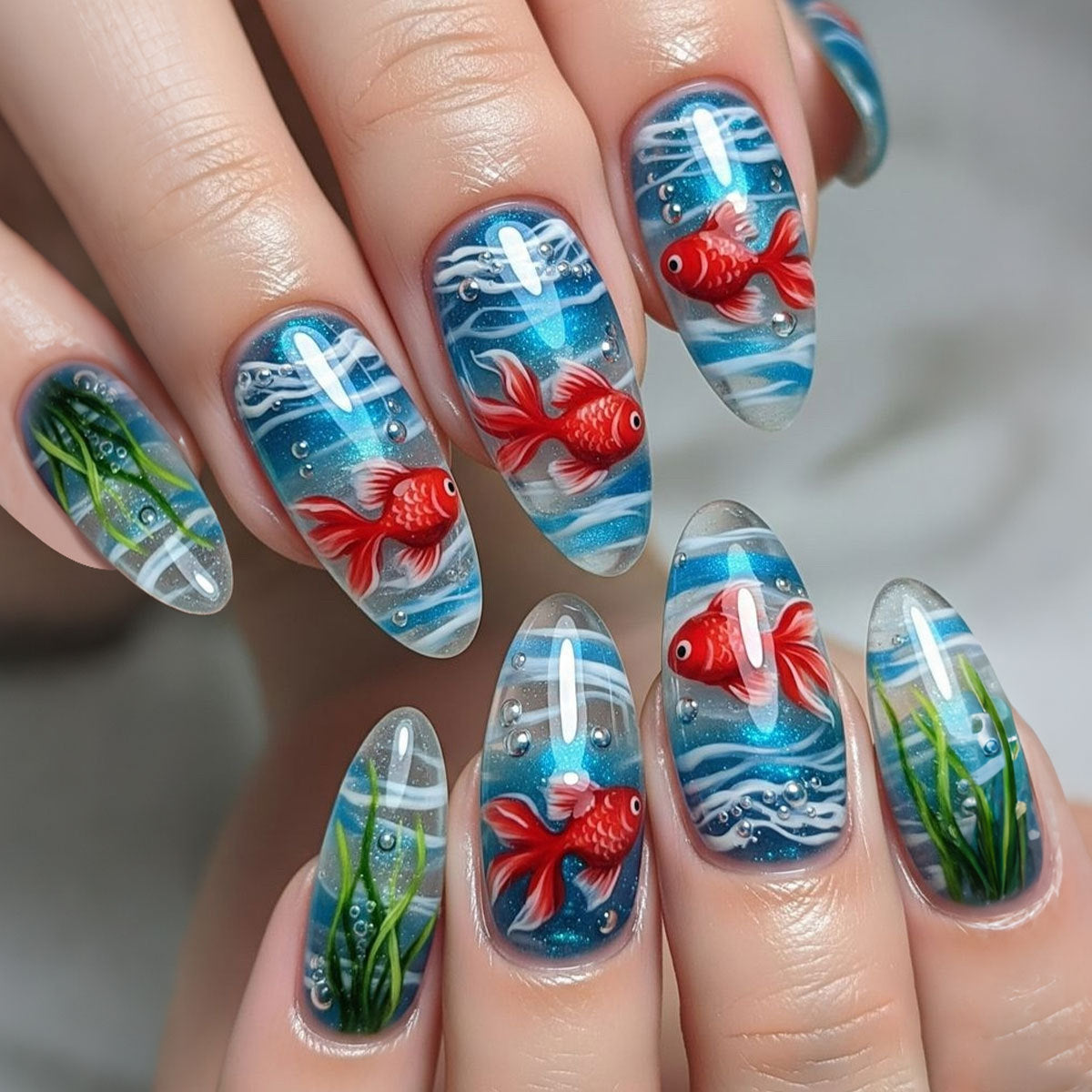 Underwater Dreams Medium Almond Aquatic Art Press On Nail Set