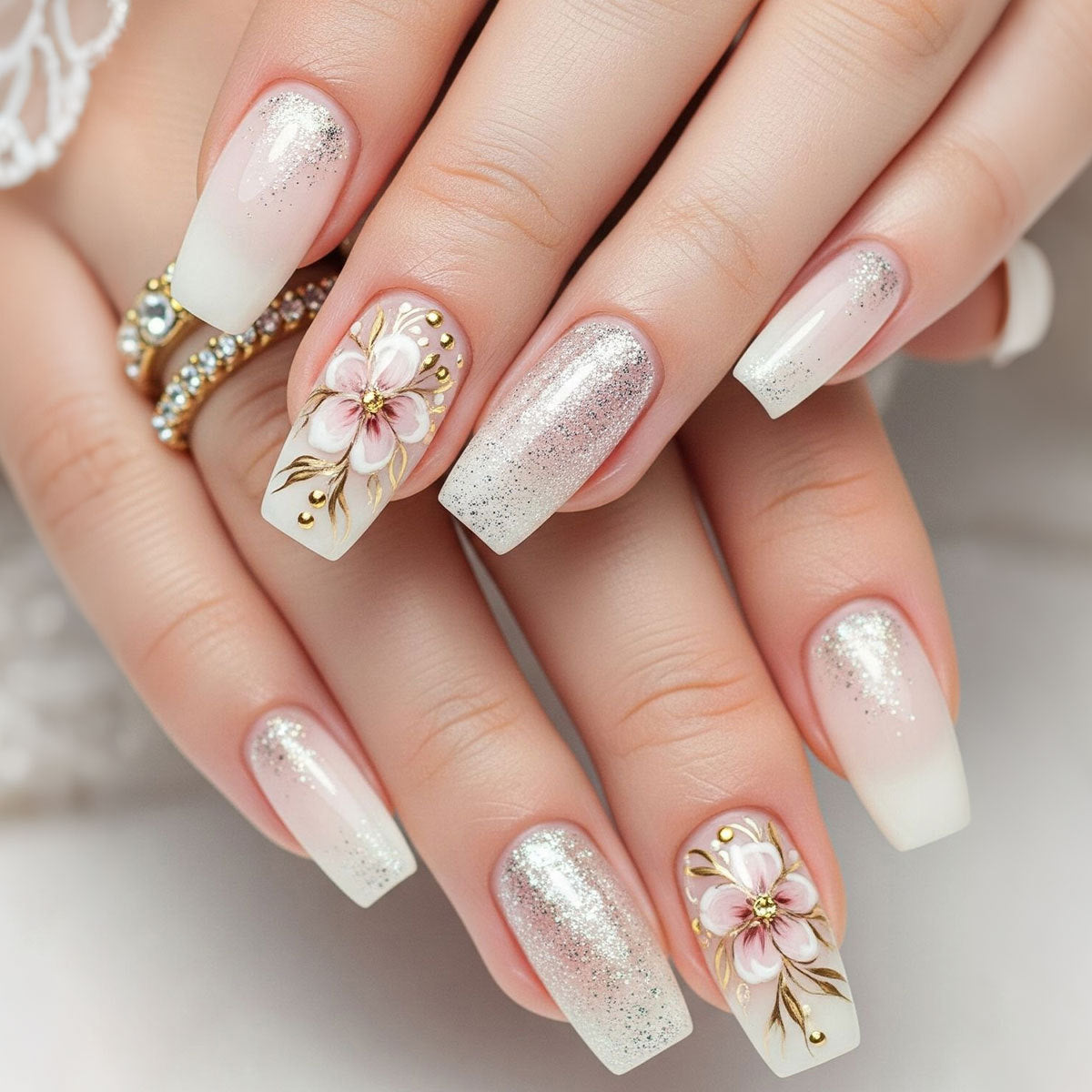 Elegant Blossom Medium Coffin White with Glitter and Floral Design Press on Nail Set