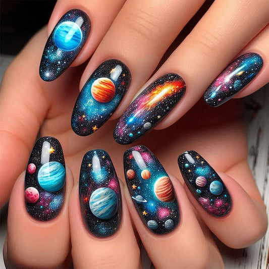 Cosmic Dreamscape Medium Almond Blue Nail Set with Galaxy Art