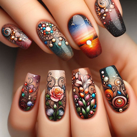 Whimsical Floral Art Medium Coffin Multicolor Nail Press Set