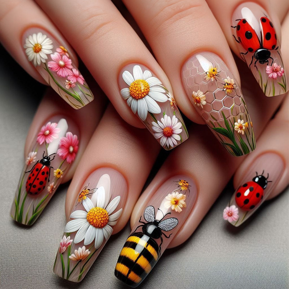 Flower Garden Long Coffin Nail Set with Intricate Floral and Insect Designs