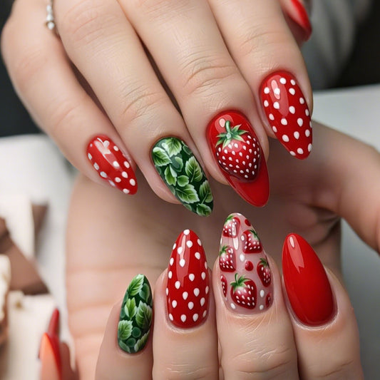 Berry Delightful MEdium Almond Red with Strawberry and Leaf Art Press On Nail Set