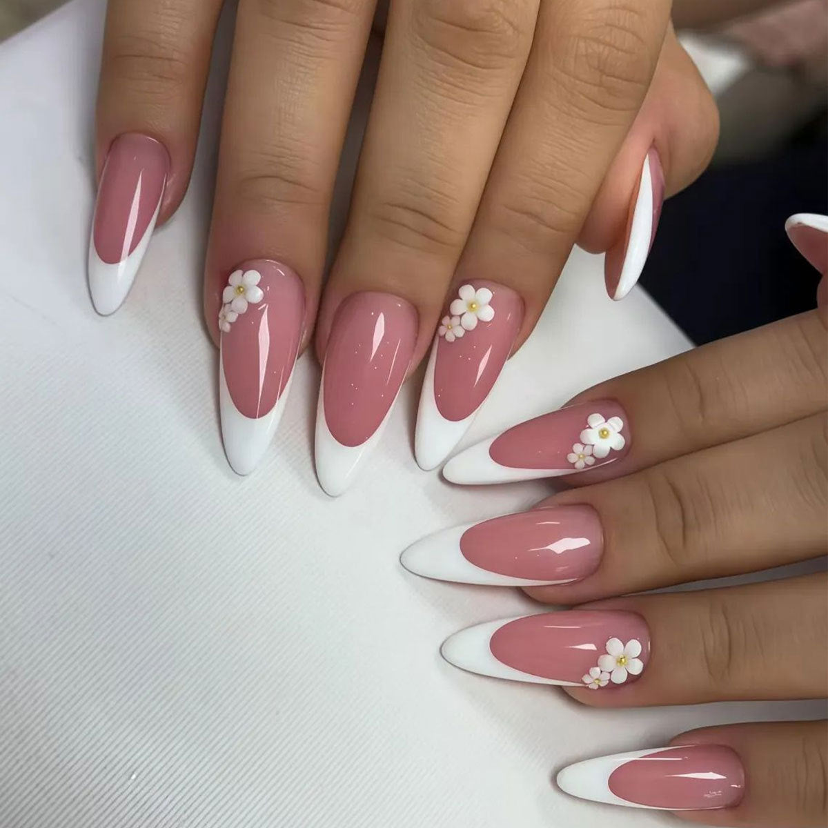 Charming Floral Design Medium Almond Pink and White Press On Nail Set