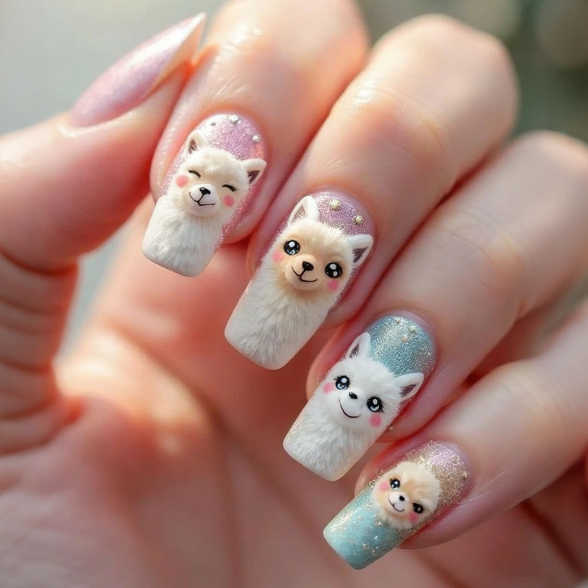 Whimsical Llama Dreams Medium Square Pink and Blue Furry Design Nail Set