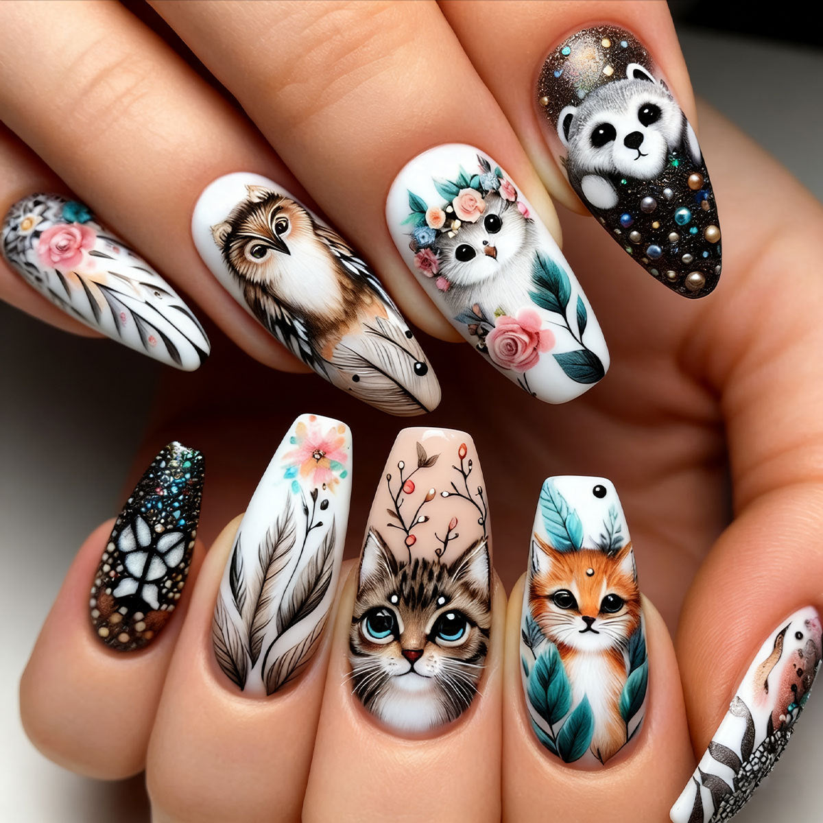 Whimsical Wildlife Medium Coffin Colorful Animal Art Press On Nail Set