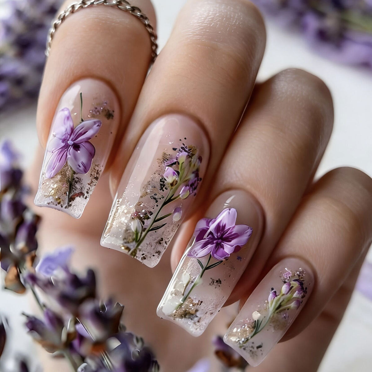 Blooming Elegance Long Square Lavender Floral Press On Nail Set with Glitter Accent
