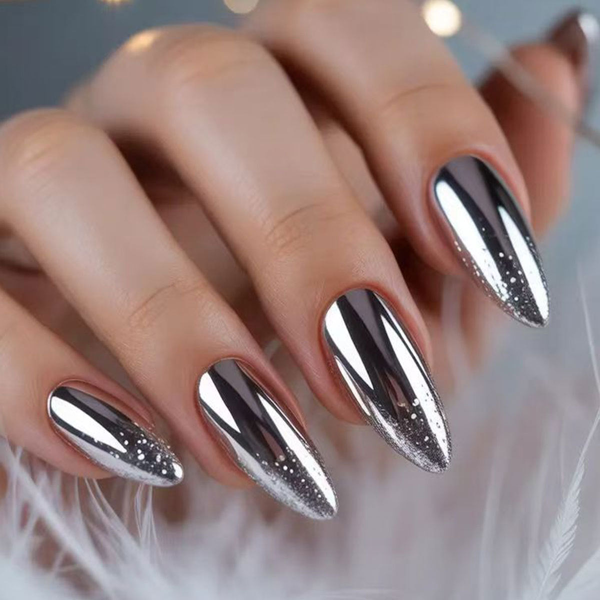 Glamorous Shine Medium Almond Silver Gradient Press On Nail Set