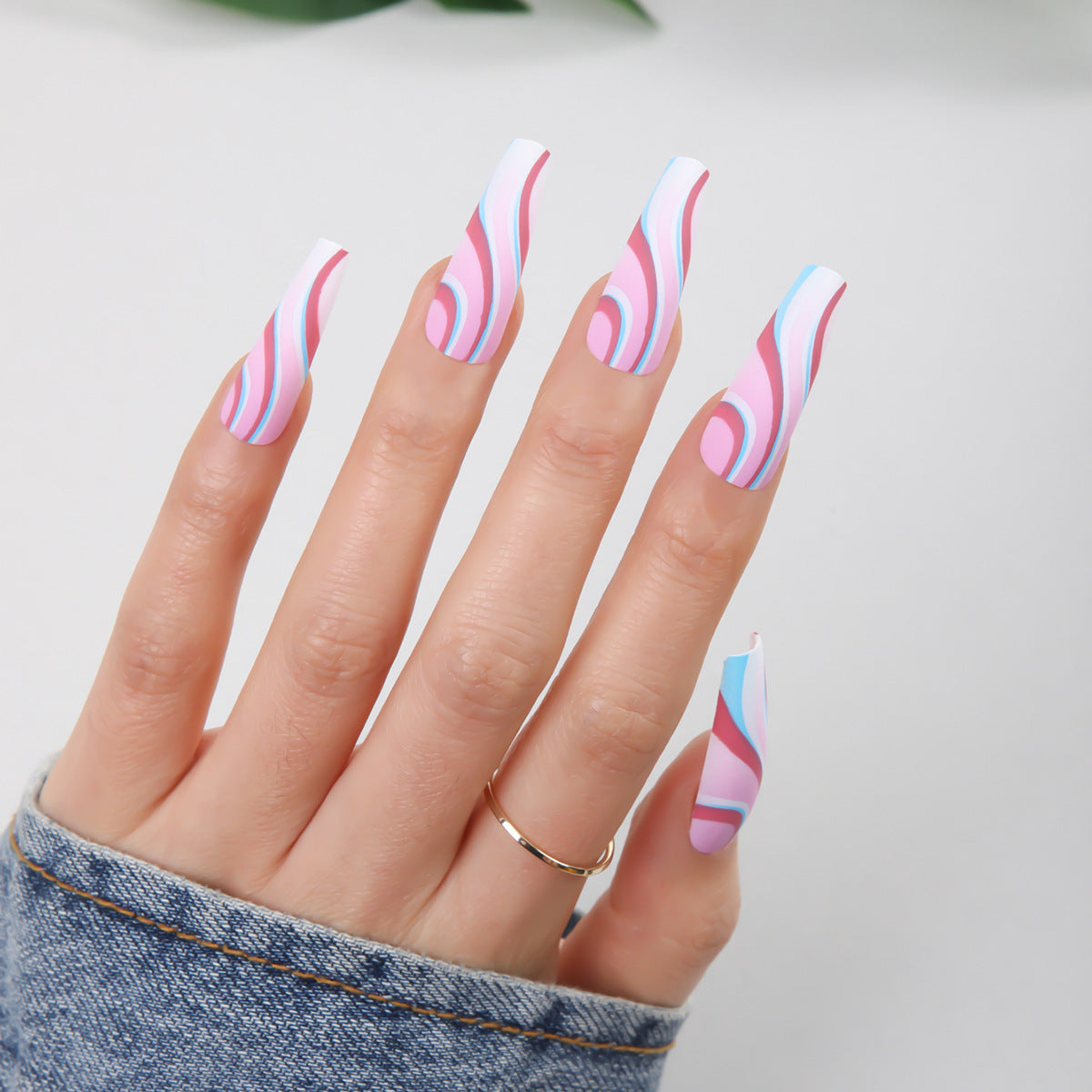 Swirl Fantasy Long Coffin Press On Nail Set Pink and Blue Marble Design with Matte Finish