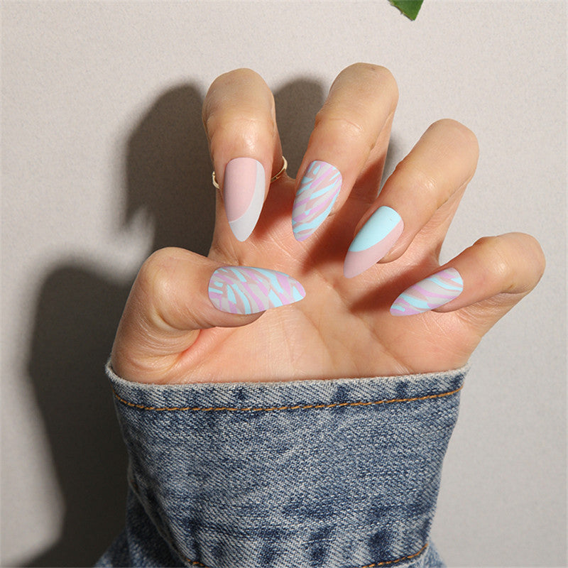 Tropical Dream Long Almond Blue and Pink Matte Press On Nail Set with Unique Abstract Design
