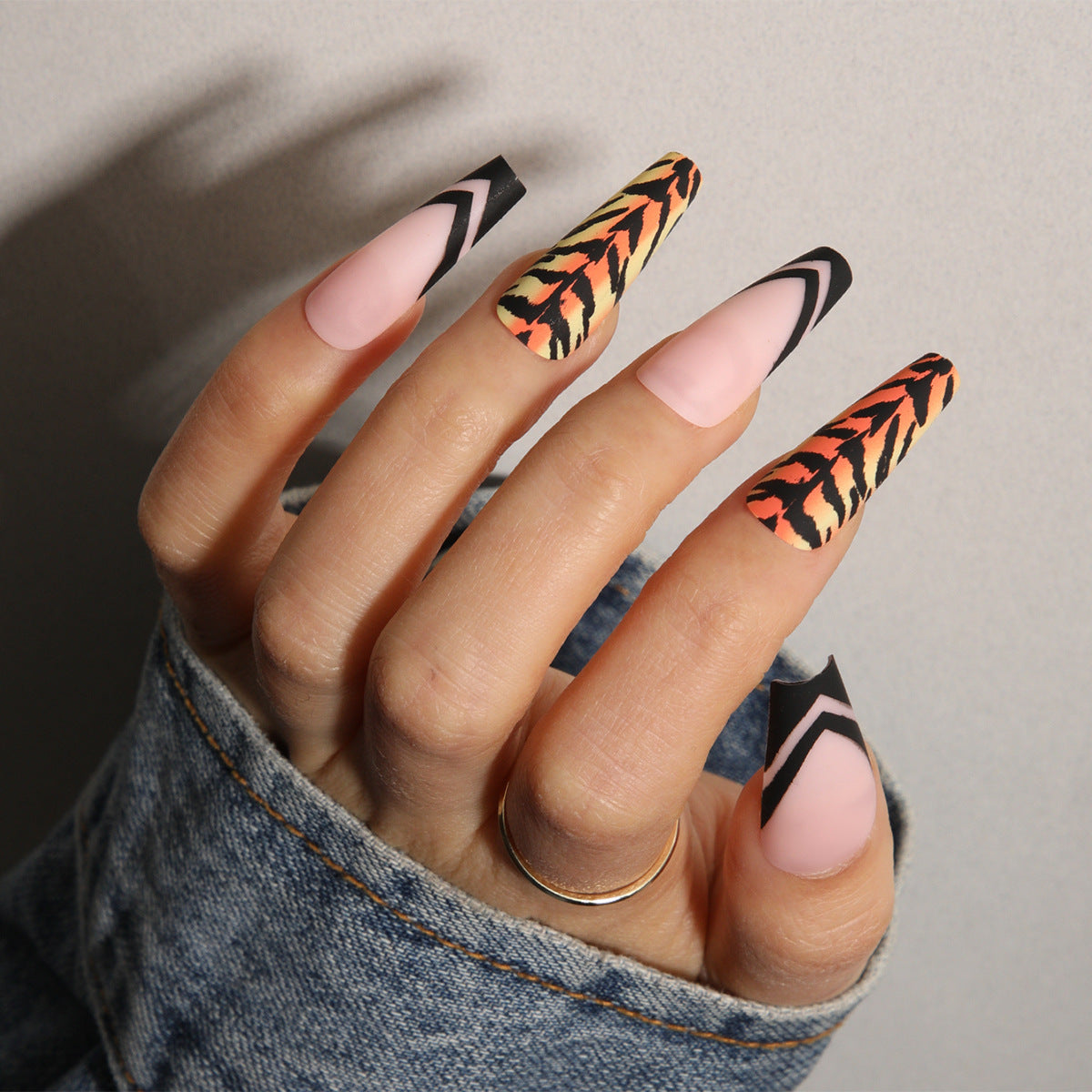 Fierce Jungle Long Coffin Press On Nail Set in Pink Black and Orange with Wild Animal Print Design