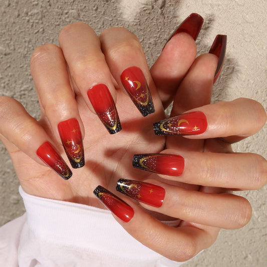 Celestial Nights Long Coffin Red and Black Glitter Gradient Press On Nail Set with Star and Moon Accents