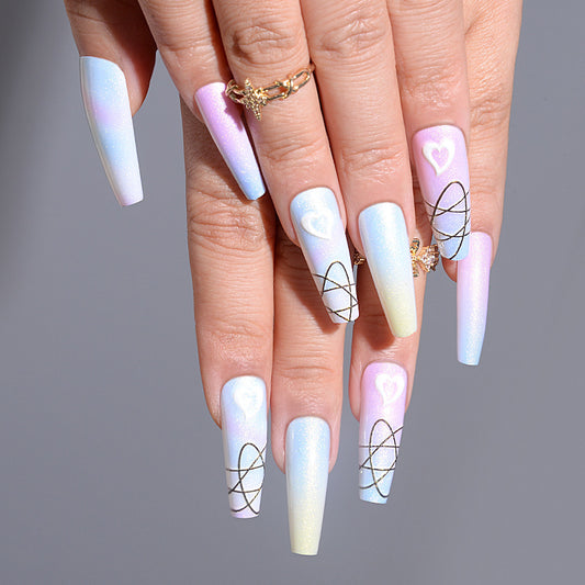 Dreamy Pastel Ombr√© Long Coffin Press On Nail Set with Heart and Geometric Designs