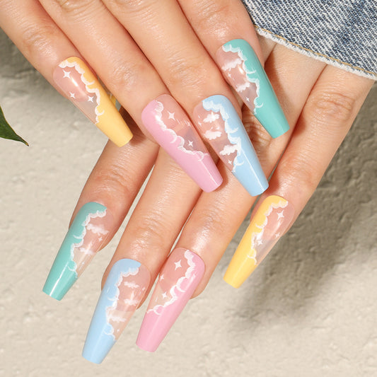 Whimsical Sky Dream Ombre Long Coffin Press on Nail Set in Multi Color with Cloud and Star Design