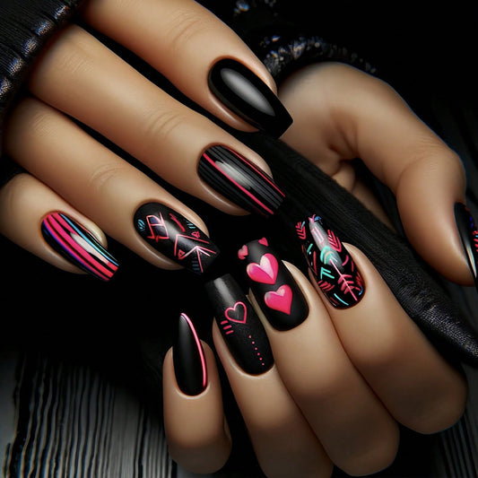 Glamorous Midnight Vibes Long Square Black with Neon Artistry Press-On Nail Set