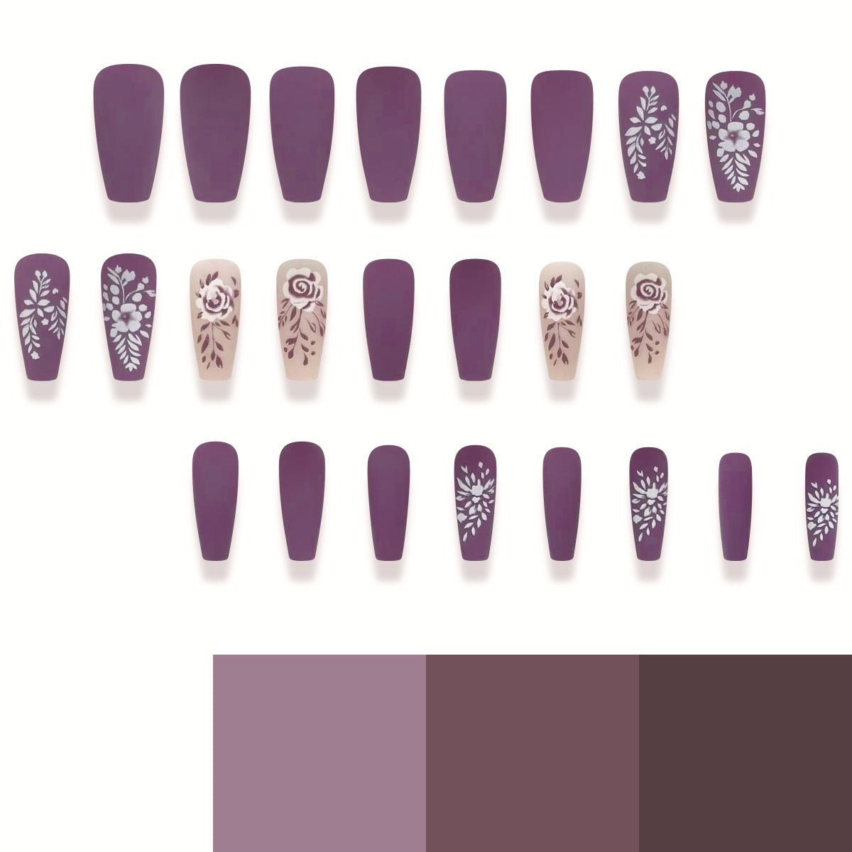 Elegant Garden Serenity Long Coffin Deep Purple with Floral Artistic Designs Press On Nail Set