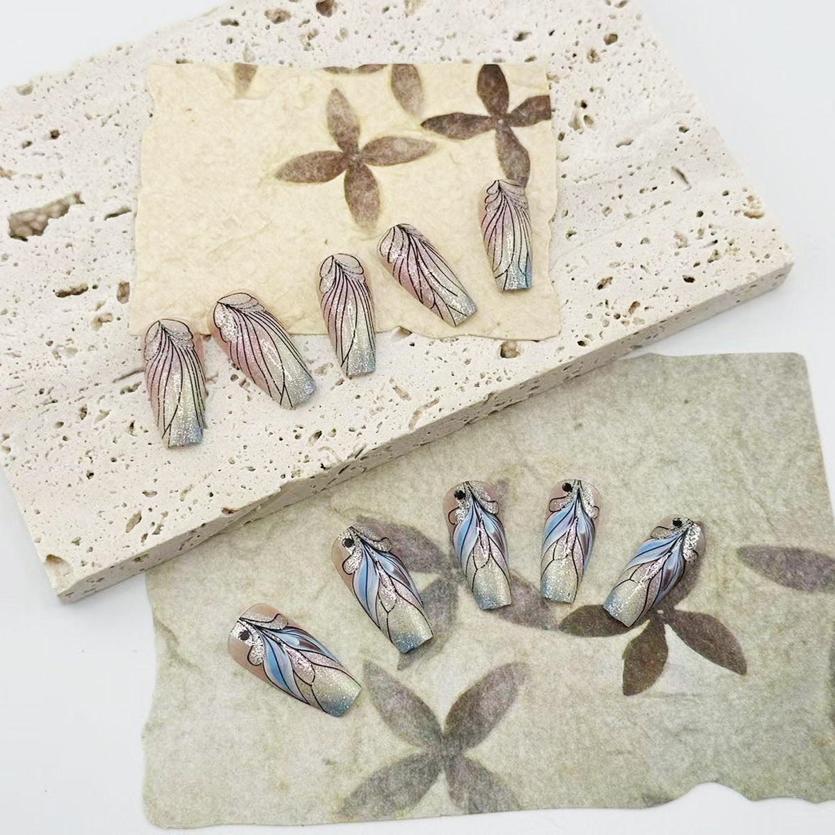 Whimsical Garden Lengthy Long Square Shape Iridescent Pink and Blue with Delicate Leaf Design Press On Nail Set