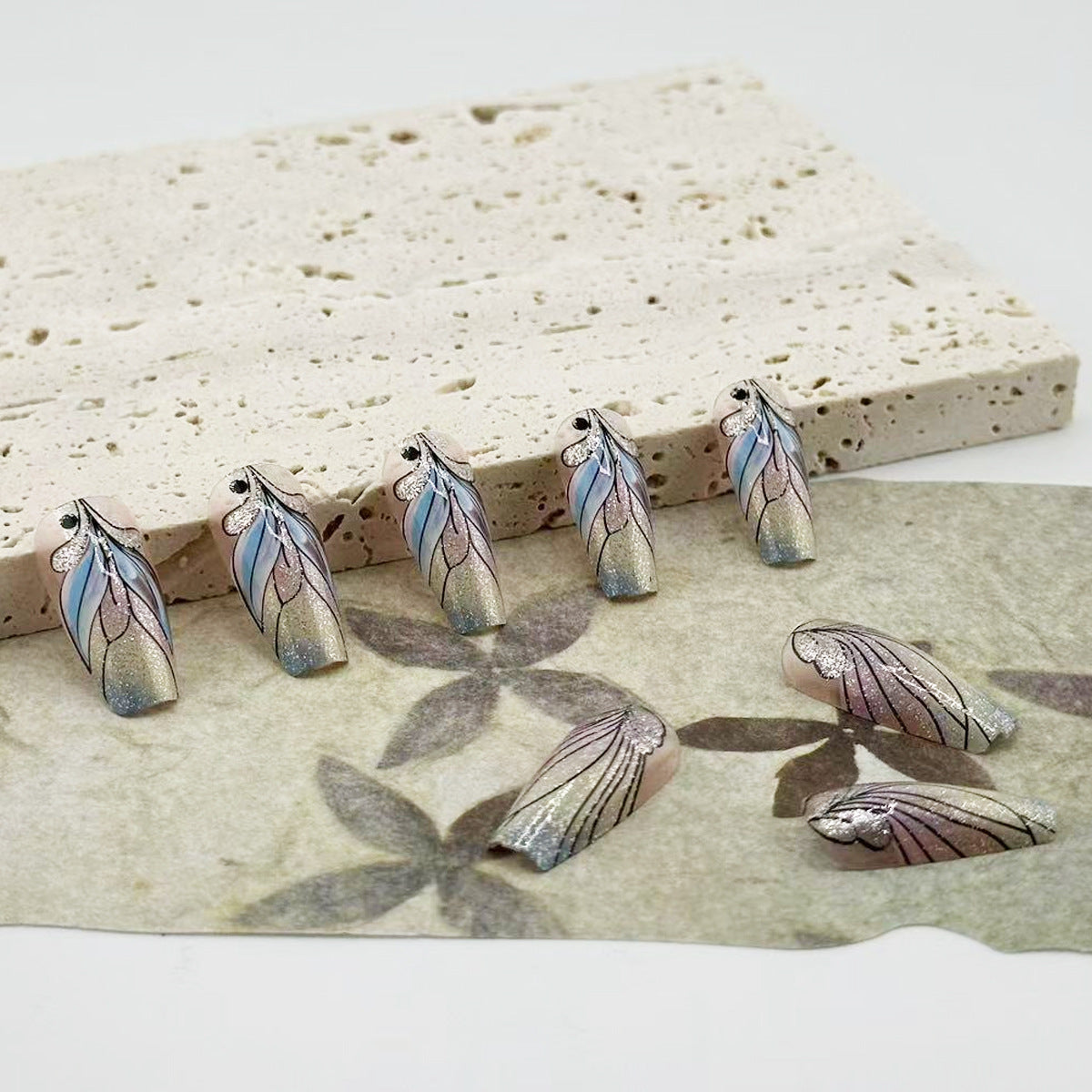 Whimsical Garden Fantasy Long Square Shaped Pastel Ombre with Delicate Floral Designs Nail Set